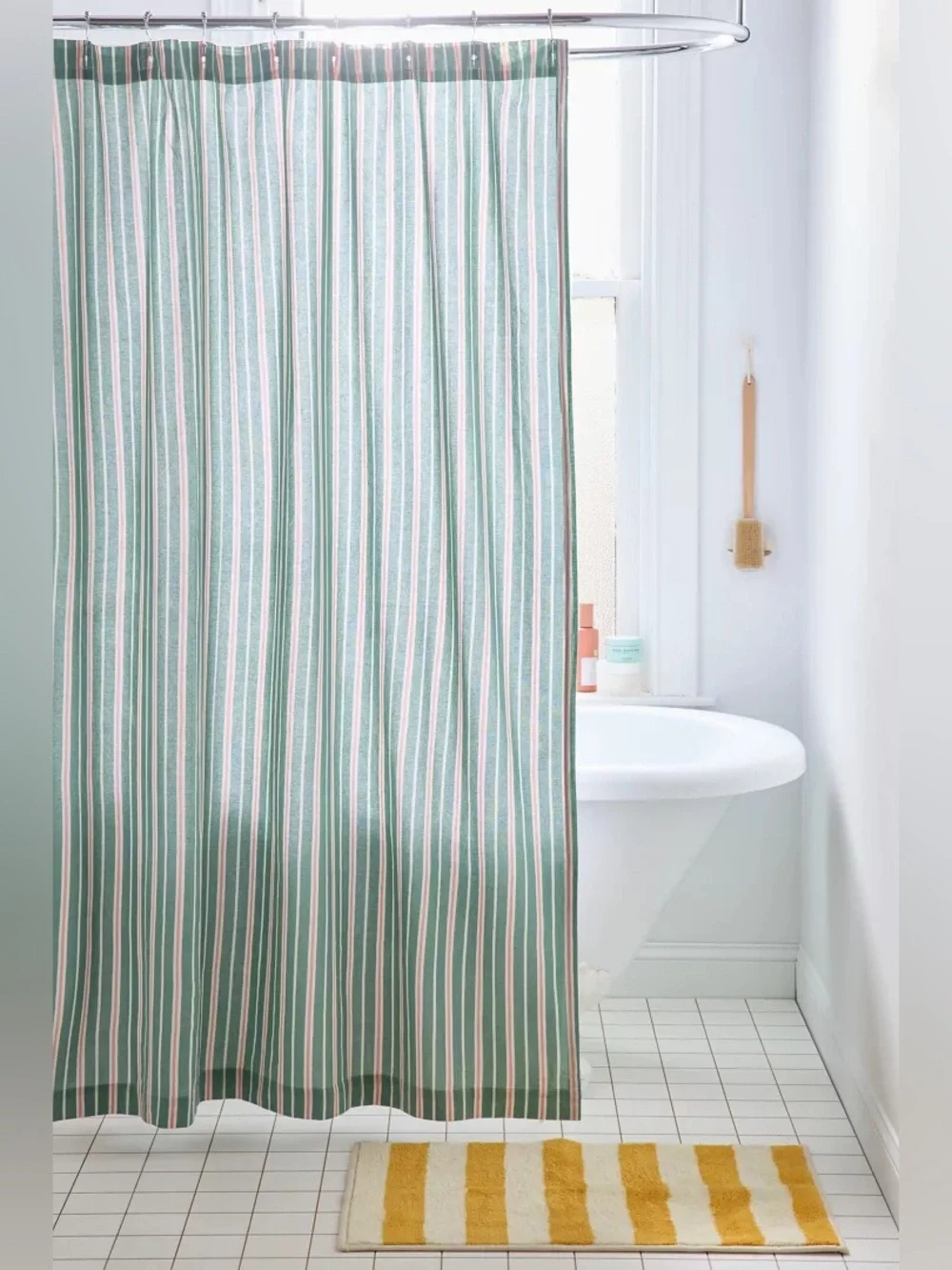 New Urban Outfitters Green Pink Multi-Striped Patterned Shower Curtain